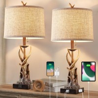 Youthost Rustic Deer Antler Table Lamps Set Of 2 For Bedroom Farmhouse Bedside Lamps With Usb Ac Ports For Living Room End Tabl