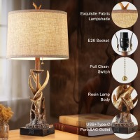 Youthost Rustic Deer Antler Table Lamps Set Of 2 For Bedroom Farmhouse Bedside Lamps With Usb Ac Ports For Living Room End Tabl