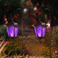 Dynaming 2 Pack Solar Halloween Flame Hanging Lights Outdoor Flickering Flame Led Garden Lanterns With 2X38 Inch Shepherd Hooks