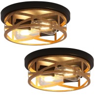 2 Pack Close To Ceiling Light Fixtures 2Light Indoor House Flush Mount Ceiling Light 11 Inch Metal Cage Cross Wood Finish Far