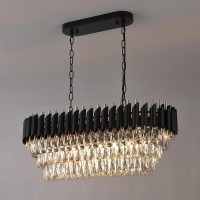 A Axilixi Modern Rectangular Chandelier Black And Gold Crystal Chandeliers For Dining Room Linear Ceiling Pendant Light Long 32