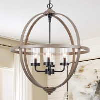 Farmhouse Chandelier 17 Industrial Rustic Globe Sphere Orb Chandelier Wood Grain 4Light For Dining Room Entryway Kitchen Is