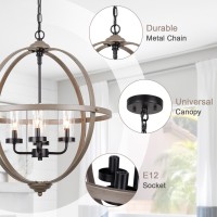 Rustic Chandelier 20 Wood Finish Hanging Light 4Light Globe Vintage Pendant Light Fixture For Living Room Entryway Dining