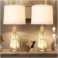 Natural Alabaster And Real Wood Table Lamp Set Of 2 With Night Light Nightstand Lamps With Usb Ports White Linen Fabric Shade Be