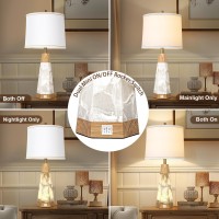 Natural Alabaster And Real Wood Table Lamp Set Of 2 With Night Light Nightstand Lamps With Usb Ports White Linen Fabric Shade Be