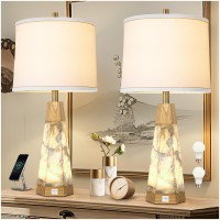 Natural Alabaster And Real Wood Table Lamp Set Of 2 With Night Light Nightstand Lamps With Usb Ports White Linen Fabric Shade Be