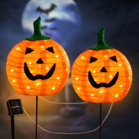 Solar Halloween Pumpkin Led Lights With Smiling Face Set Of 2 Pumpkin Stake Lights 2 Modes For Outdoor Halloween Pathway Yard G