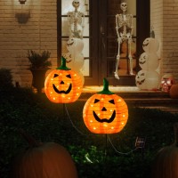 Solar Halloween Pumpkin Led Lights With Smiling Face Set Of 2 Pumpkin Stake Lights 2 Modes For Outdoor Halloween Pathway Yard G