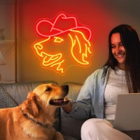 Zlooree Golden Retriever Neon Signs For Wall Decor Cute Dog With Cowboy Hat Led Light Up Sign For Pet Shop Bedroom Home Party D