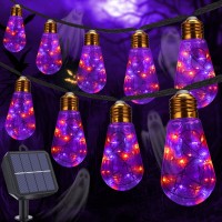 Orange Purple Solar Halloween Lights Outdoor 20Ft Black Hemp Rope Halloween String Lights Waterproof Orange Purple Lights Wi