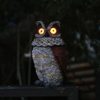 Jycozy Garden Owl Statue Solar Powered Figurine Decor Glowing Eyes Spring Mounted Wobblying Head Resin Outdoor Figurine Lightin