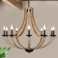 Lampkeduo Farmhouse Chandeliers For Dining Room Light Fixture 10Light 35 Adjustable Height Retro Faux Wood Texture Rustic Li