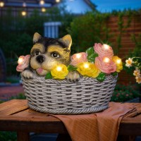 Dog Solar Garden Decor Outdoor Statues Lights Dog Lovers Gift 8Led Basket With Rose Flower For Balcony Yard Patio Decorations