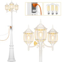 Dusk To Dawn Outdoor Lamp Post Light With Gfci Outlet 3Head Classic White Light Pole With Glass Panels 3 Led Bulbs Included