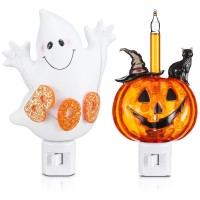 Tujoe 2 Pcs Halloween Night Lights Include Halloween Pumpkin Lantern Black Cat Bubble Night Light And Ghost Boo Night Light Bubb