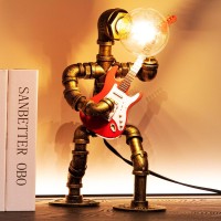 Lcyytg Music Guitar Table Lamp Art Decor Steampunk Table Lamp Retro Guitars Steampunk Lamp Cool Industrial Metal Tube Robot La