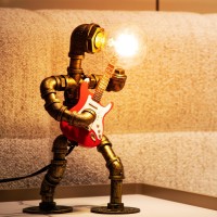 Lcyytg Music Guitar Table Lamp Art Decor Steampunk Table Lamp Retro Guitars Steampunk Lamp Cool Industrial Metal Tube Robot La