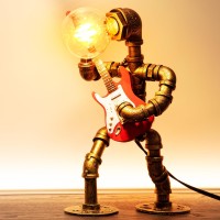 Lcyytg Music Guitar Table Lamp Art Decor Steampunk Table Lamp Retro Guitars Steampunk Lamp Cool Industrial Metal Tube Robot La