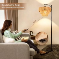 Qiyizm Rattan Floor Lamp For Living Room Boho Floor Lamps With Remote Dimmable Arc Standing Lamp Farmhouse Adjustable Tall Lamp