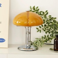 Mixl Bauhaus Mushroom Table Lamp With Orange Glass Lampshade Mid Century Modern Led Caramel Dimmable Night Lamps For Bedroom Li