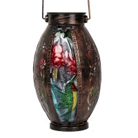 Ouisjyer Solar Lanterns Outdoor Hummingbird Solar Lanterns Stained Glass Metal Hanging Solar Light Decorative Waterproof Tabl