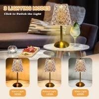 Azcooks 2 Pack Table Lamp 3 Color Dimmable Gold Lamp Rechargeable Led Lamp Diamond Crystal Lamp Cordless Lamp Touch Lamp Small