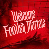 Welcome Foolish Mortals Neon Sign Dimmable Spooky Gothic Haunted Mansion Coffin Led Neon Signs For Wall Decor Usb Powered Led Ne