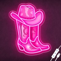 Zlooree Cowboy Boot With Hat Neon Signs For Wall Decor Led Pink Cowgirl Boot Neon Sign Pink Aesthetic Western Wall Art Cowboy