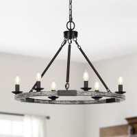 Modern Farmhouse Chandeliers For Dining Room 6Light Wagon Wheel Chandelier With Adjustable Height Black With Brushed White Li