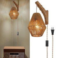 Yiizon Bamboo Lantern Plug In Wall Sconces Wicker Lamp With Plug In Cord Hand Woven Rattan Wall Light Farmhouse Rustic Boho Scon