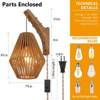 Yiizon Bamboo Lantern Plug In Wall Sconces Wicker Lamp With Plug In Cord Hand Woven Rattan Wall Light Farmhouse Rustic Boho Scon