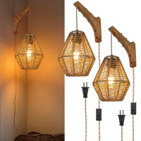 Yiizon Plug In Wall Sconces Wall Sconces Set Of Two Rattan Wall Lamp With Plug In Cord Rattan Bamboo Wall Mount Lamp With Wood A