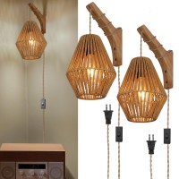 Yiizon Bamboo Lantern Plug In Wall Sconces Wicker Lamp With Wall Sconces Set Of Two Rattan Wall Light Farmhouse Rustic Boho Scon