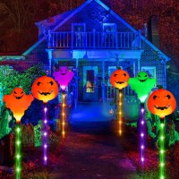 6 Pack Halloween Solar Lights For Halloween Decorations Outdoor 8 Modes Halloween Pumpkin Ghost Garden Stake Lights Waterproof