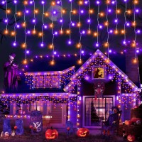 Halloween Lights Outdoor Decorations 640 Led 66Ft Orange And Purple Lights Clear Wire 8 Modes Plug In 120 Drops Ice String Lig