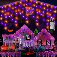 Knonew 33Ft 400 Led Orange Purple Halloween Lights Outdoor Black Wire String Lights With 75 Drops 8 Lighting Modes Timer Memor