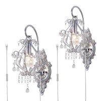 Fetason Plug In Silver Wall Sconces Set Of 2 Pack Vintage Crystal Wall Sconce Indoor Wall Lighting Fixture Wall Mount Lamp For