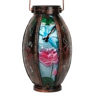 Ouisjyer Solar Lanterns Outdoor Dragonfly Solar Lanterns Stained Glass Metal Solar Powered Lantern With Hollowedout Design H