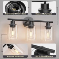 Weyderk 3 Light Bathroom Light Fixtures Matte Black Modern Bathroom Vanity Light With Clear Glass Shades Ul Certification E