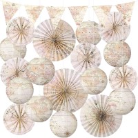 Tujoe 19 Pcs Map Classroom Decorations Travel Themed Party Decorations Map Globes Hanging Paper Lantern Fans Triangle Flags Bann