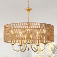 Lamsu Gold Chandelier Light Fixtures 5Light Large Boho Rattan Pendant Lighting With Hand Woven Wicker Shade Modern Farmhouse