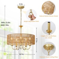 Lamsu Gold Chandelier Light Fixtures 5Light Large Boho Rattan Pendant Lighting With Hand Woven Wicker Shade Modern Farmhouse