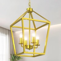 Sunwish Farmhouse Chandelier 4Light Gold Industrial Lantern Ceiling Light Fixtures For Dining Room Metal Cage Adjustable Heig