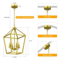 Sunwish Farmhouse Chandelier 4Light Gold Industrial Lantern Ceiling Light Fixtures For Dining Room Metal Cage Adjustable Heig