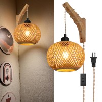 Yiizon Plug In Wall Sconces Bamboo Wall Lamp With Plug In Cord Switch Woven Rope Cage Shade Wall Lights For Bedroom Living R