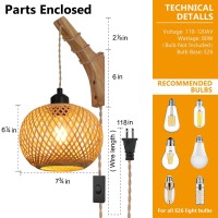 Yiizon Plug In Wall Sconces Bamboo Wall Lamp With Plug In Cord Switch Woven Rope Cage Shade Wall Lights For Bedroom Living R