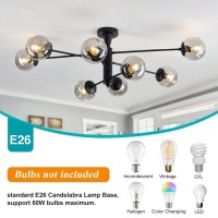 Hesoge Modern Sputnik Ceiling Lights Black Semi Flush Mount Ceiling Fixture With Glass Globes 8 Light Large Chandelier For Dinin