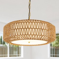 Rattan Farmhouse Chandelier 5Light Large Rattan Chandeliers For Dining Room Handwoven Boho Pendant Light With Fabric Shade