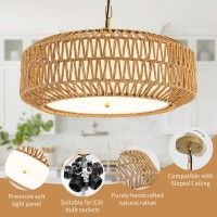 Rattan Farmhouse Chandelier 5Light Large Rattan Chandeliers For Dining Room Handwoven Boho Pendant Light With Fabric Shade