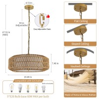 Rattan Farmhouse Chandelier 5Light Large Rattan Chandeliers For Dining Room Handwoven Boho Pendant Light With Fabric Shade